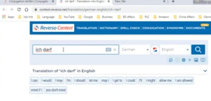Reverso Context showing translations of 'ich darf' into English
